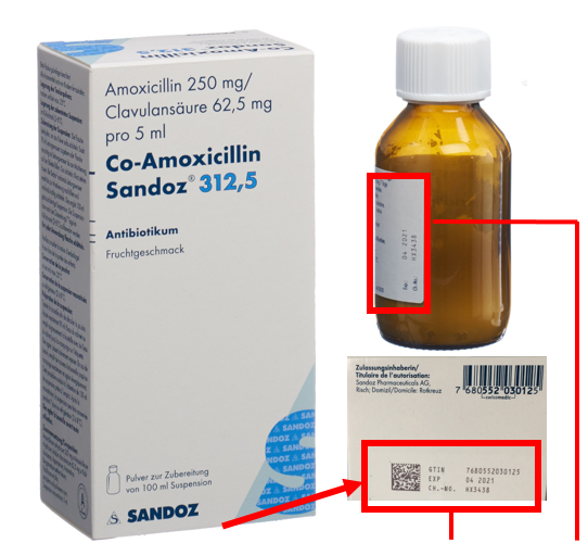 Rappel de lots: Co-Amoxicilline Sandoz® 312,5, poudre pour préparation de suspension, lot HX3438